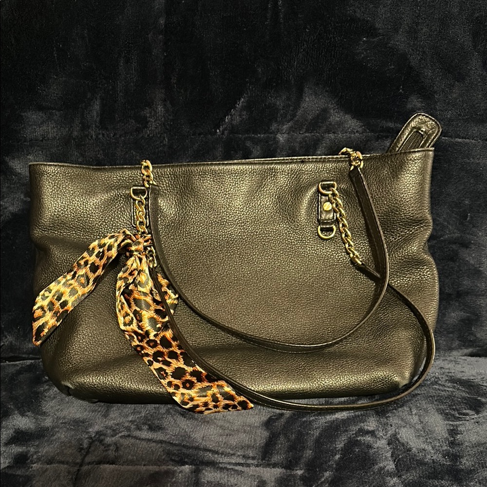 Michael Kors Black Leather Tote Bag with Leopard Twilly Accent
